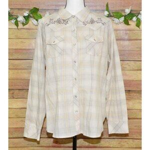 Bit & Bridle Western Shirt Tan Plaid Embroidered Floral Pearl Snaps Size XL